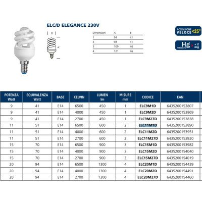 LAMPADA AI L.FREDDA FLUOR. ELEG.ELC11M1D E14 11W COMPATTE