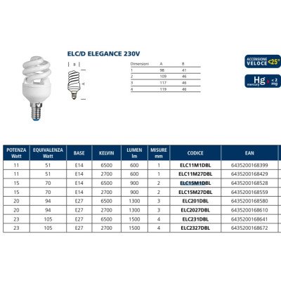 LAMPADA AI L.FREDDA FLUOR. ELEG.ELC201D E27 20W COMPATTE